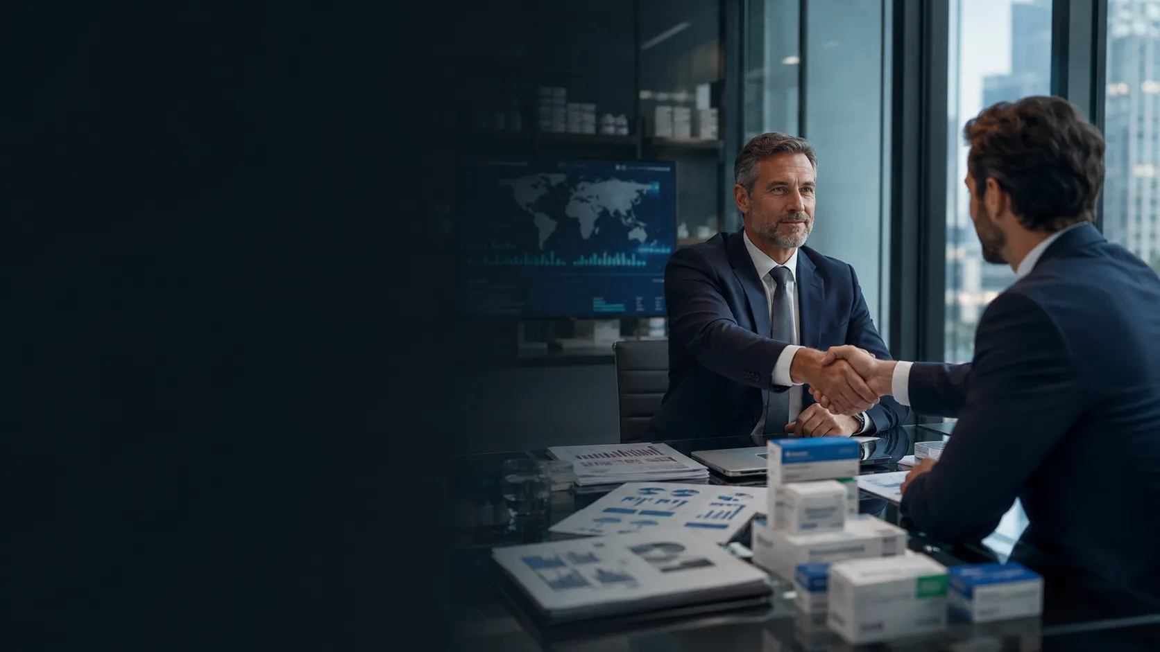 Uścisk dłoni podczas spotkania biznesowego przy materiałach i produktach farmaceutycznych